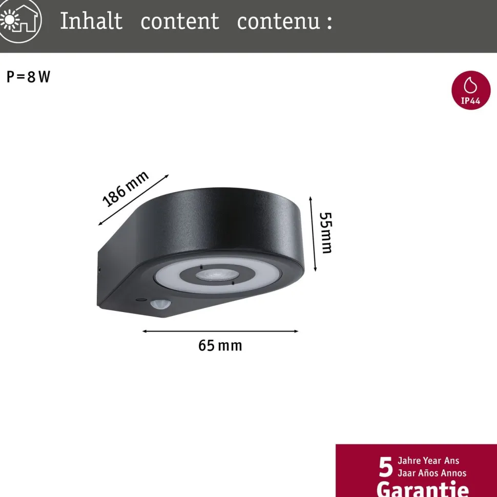 LED-ulkoseinävalaisin Paulmann Silma 65x186mm 3000K 5.5/0.7W 600lm hämäräohjattu liiketunnistin IR antrasiitti