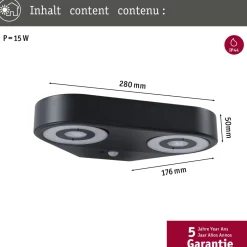 LED-ulkoseinävalaisin Paulmann Silma 2-osainen 280x176mm 3000K 2x5.5/2x0.7W 2x600lm hämäräohjattu liiketunnistin IR antrasiitti