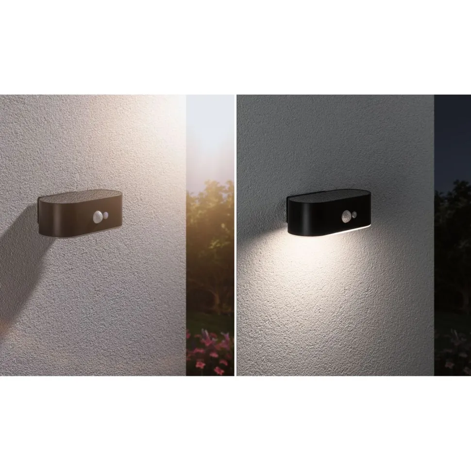 LED-ulkoseinävalaisin aurinkokennolla Paulmann Adya, IP44, 3000K, liiketunnistin, musta