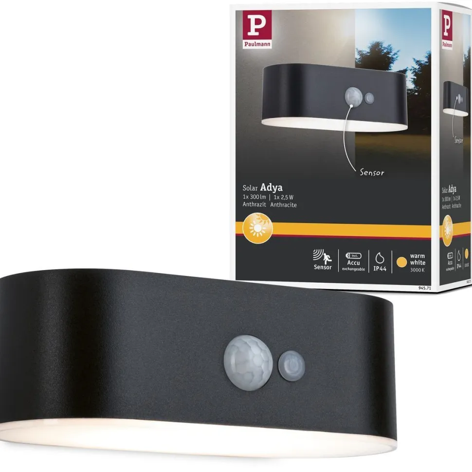 LED-ulkoseinävalaisin aurinkokennolla Paulmann Adya, IP44, 3000K, liiketunnistin, musta