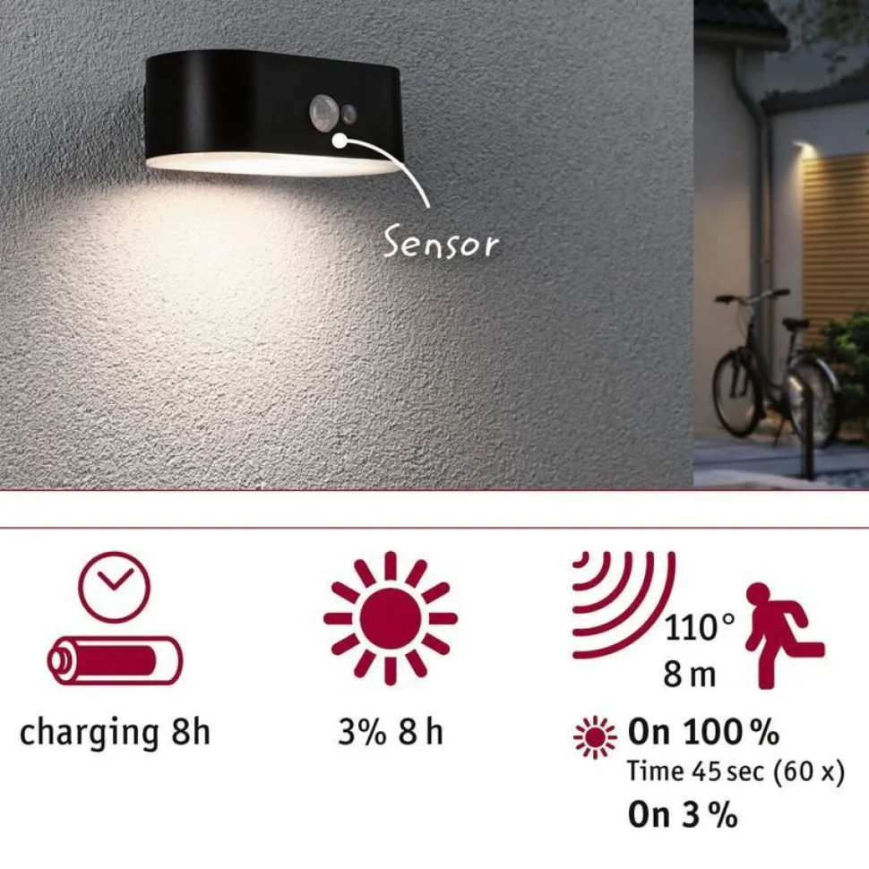 LED-ulkoseinävalaisin aurinkokennolla Paulmann Adya, IP44, 3000K, liiketunnistin, musta