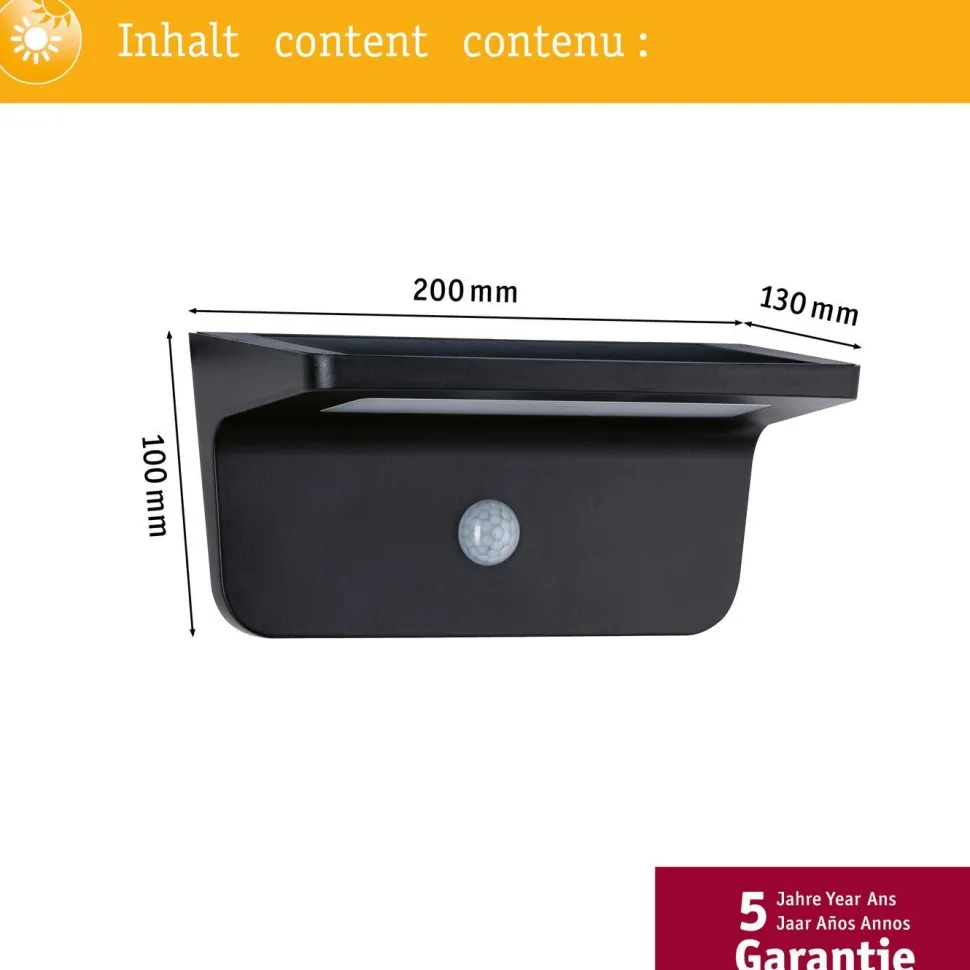 LED-ulkoseinävalaisin aurinkokennolla Paulmann Cyrus, IP44, 3000K, liiketunnistin, antrasiitti