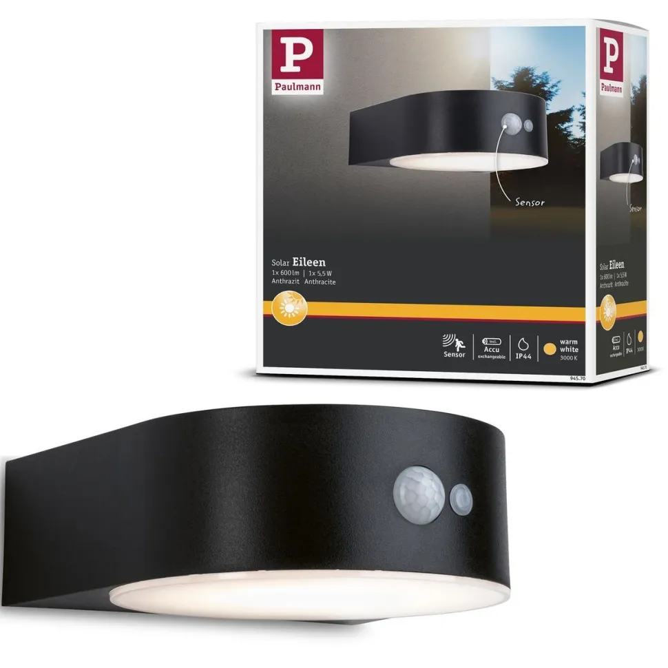 LED-ulkoseinävalaisin aurinkokennolla Paulmann Eileen, IP44, 3000K, liiketunnistin, musta