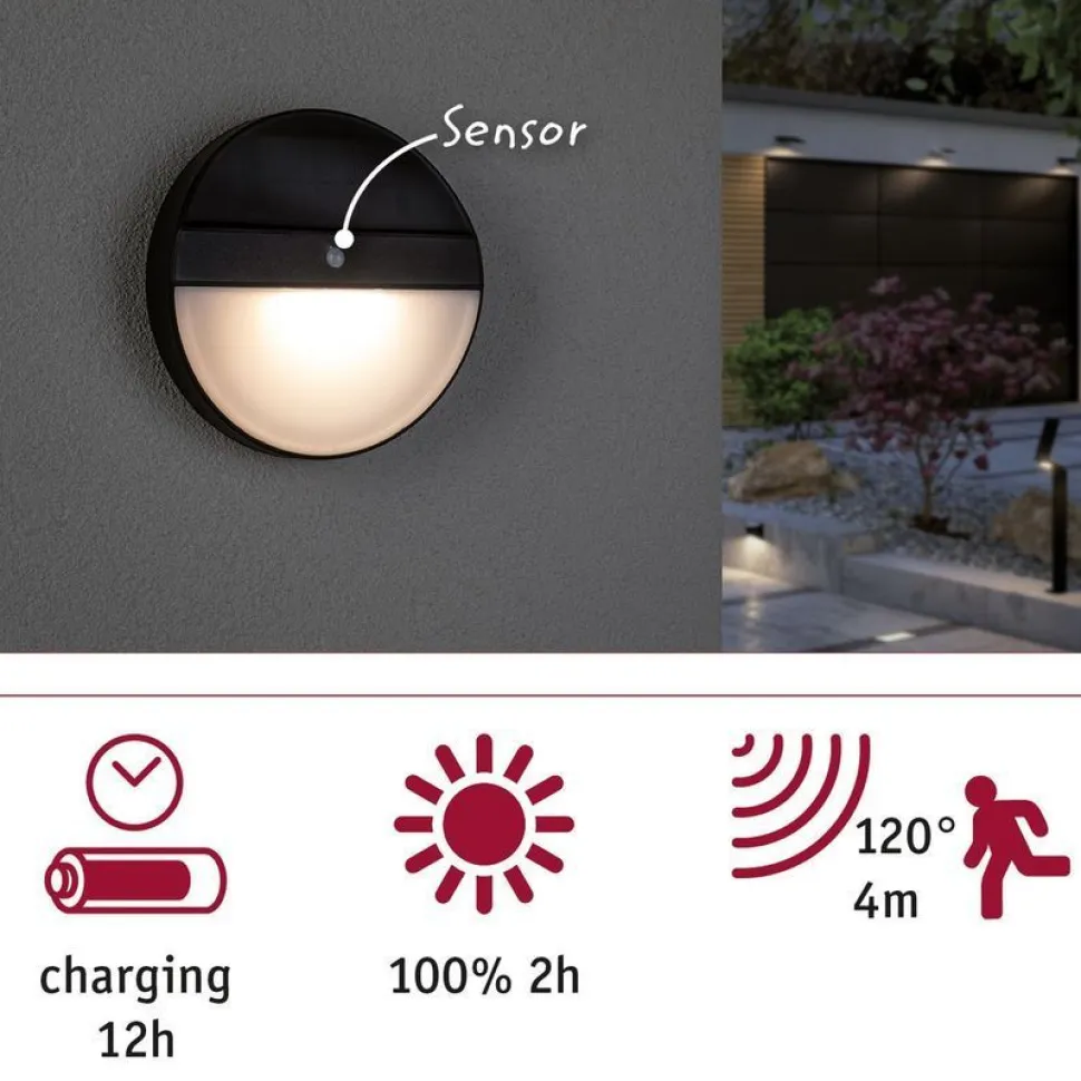LED-ulkoseinävalaisin aurinkokennolla Paulmann Elios, IP44, 3000K, liiketunnistin, antrasiitti