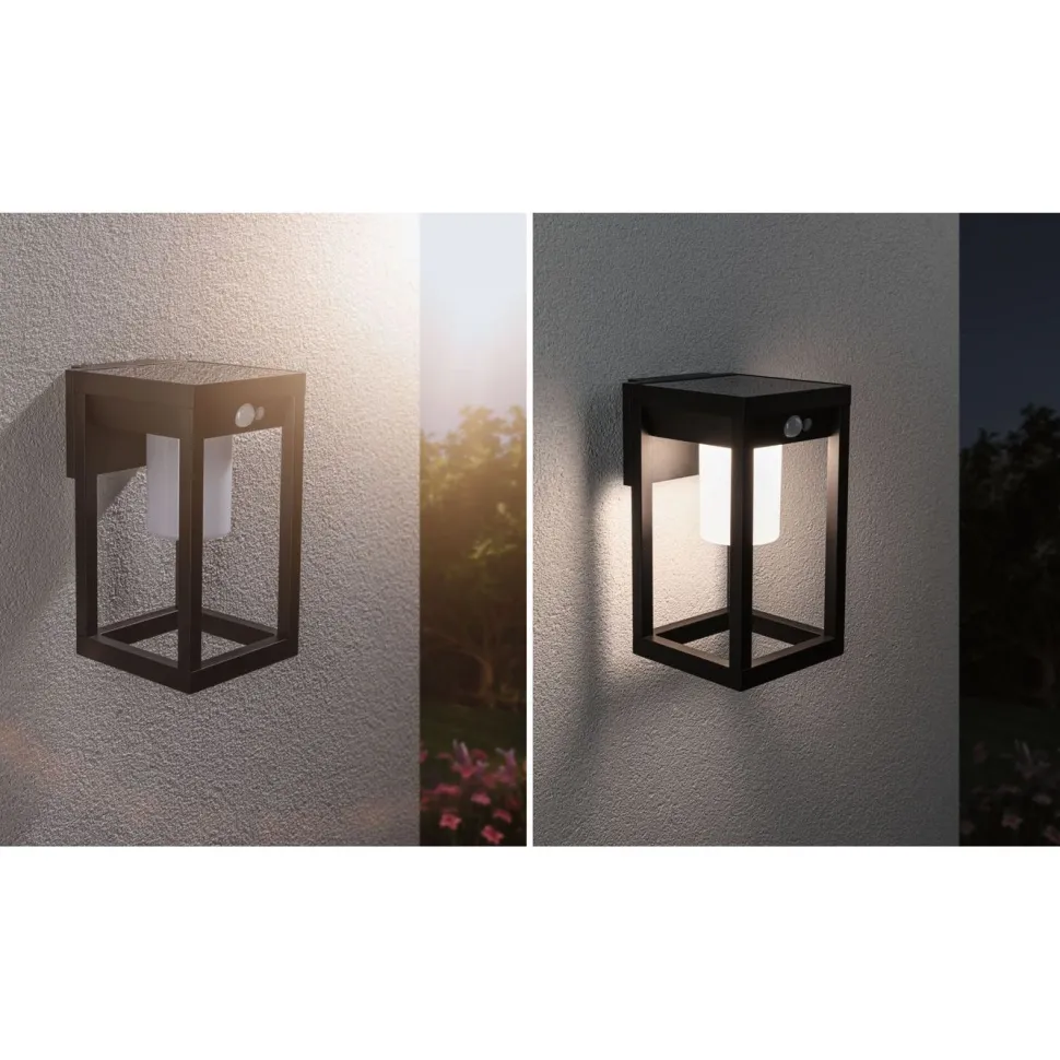 LED-ulkoseinävalaisin aurinkokennolla Paulmann Marisol, IP44, 3000K, liiketunnistin, musta