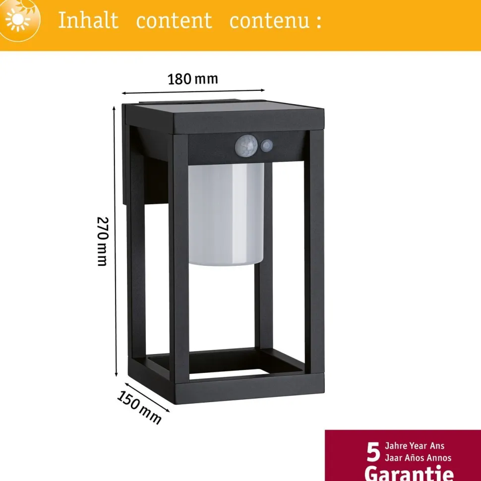 LED-ulkoseinävalaisin aurinkokennolla Paulmann Marisol, IP44, 3000K, liiketunnistin, musta