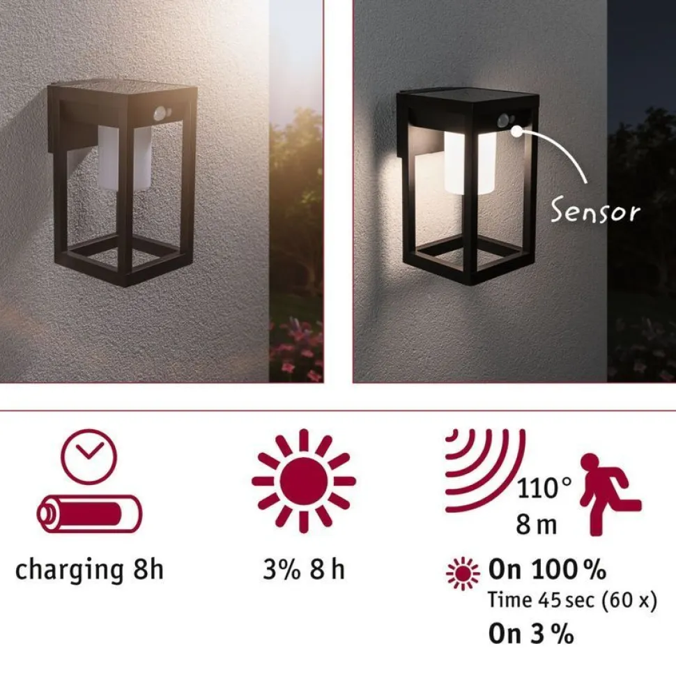 LED-ulkoseinävalaisin aurinkokennolla Paulmann Marisol, IP44, 3000K, liiketunnistin, musta