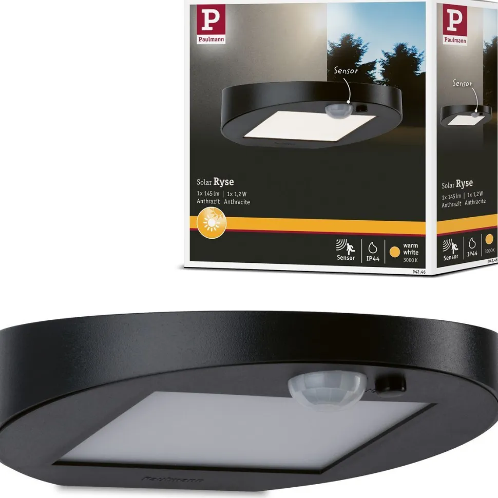LED-ulkoseinävalaisin aurinkokennolla Paulmann Ryse, IP44, 3000K, liiketunnistin, antrasiitti