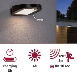 LED-ulkoseinävalaisin aurinkokennolla Paulmann Ryse, IP44, 3000K, liiketunnistin, antrasiitti