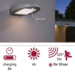LED-ulkoseinävalaisin aurinkokennolla Paulmann Ryse, IP44, 3000K, liiketunnistin, antrasiitti
