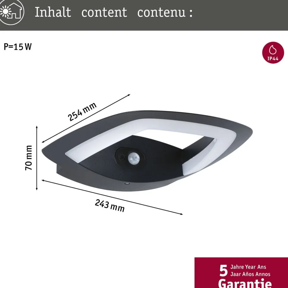 LED-ulkoseinävalaisin liiketunnistimella Paulmann Akena, IP44, 3000K, antrasiitti
