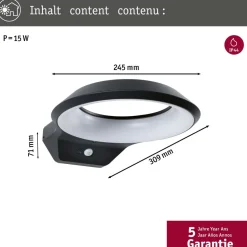 LED-ulkoseinävalaisin liiketunnistimella Paulmann Anela, IP44, 3000K, antrasiitti