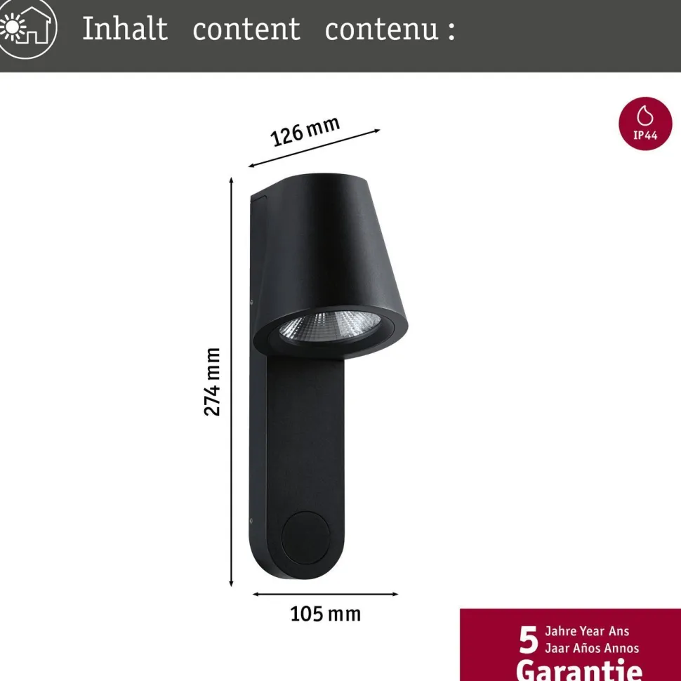 LED-ulkoseinävalaisin liiketunnistimella Paulmann Caissa, IP44, 3000K, antrasiitti