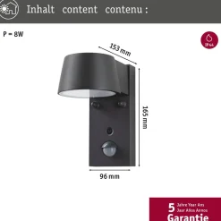 LED-ulkoseinävalaisin liiketunnistimella Paulmann Capea, IP44, säädettävä värilämpötila, antrasiitti