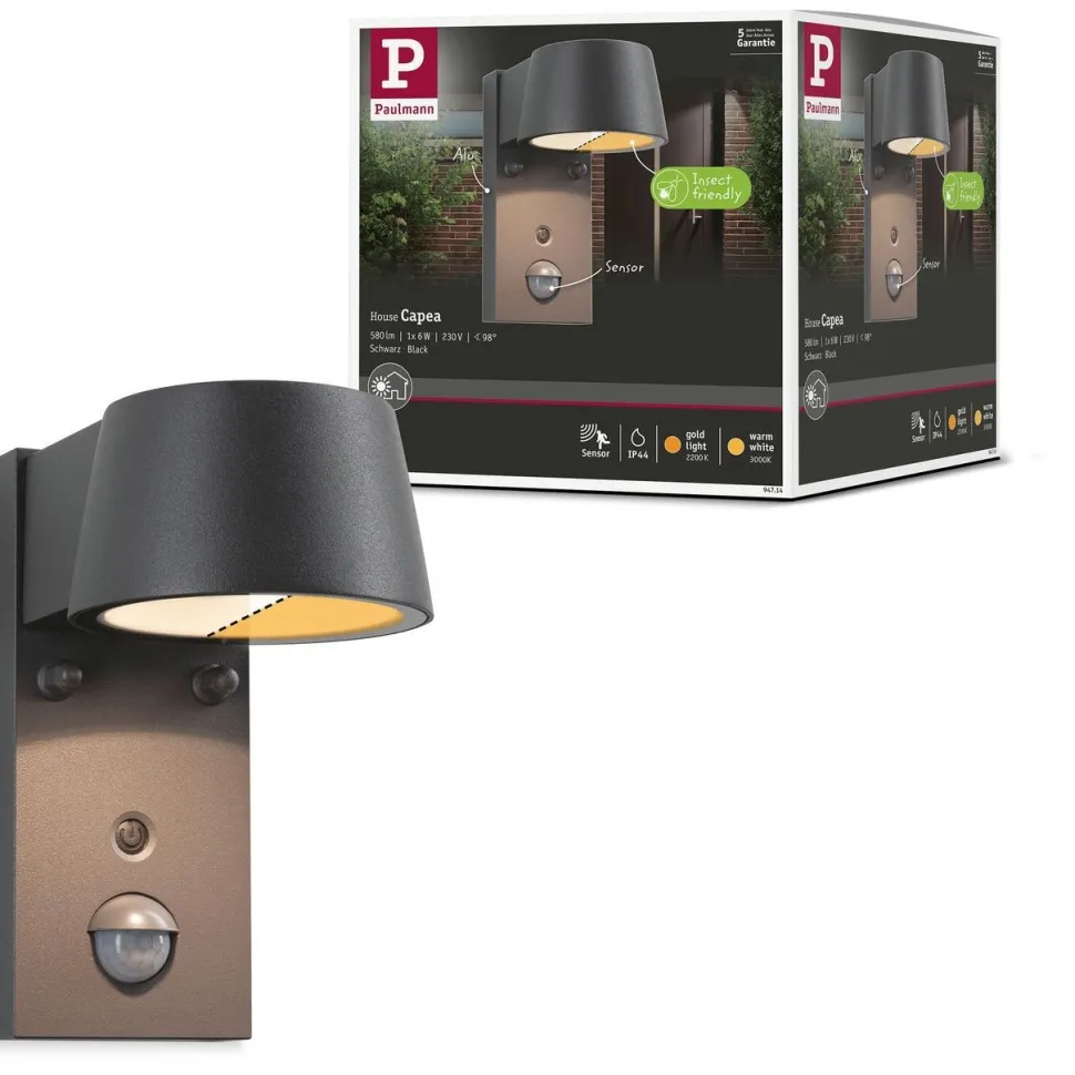 LED-ulkoseinävalaisin liiketunnistimella Paulmann Capea, IP44, säädettävä värilämpötila, antrasiitti