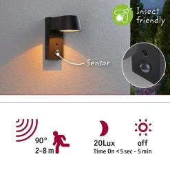 LED-ulkoseinävalaisin liiketunnistimella Paulmann Capea, IP44, säädettävä värilämpötila, antrasiitti