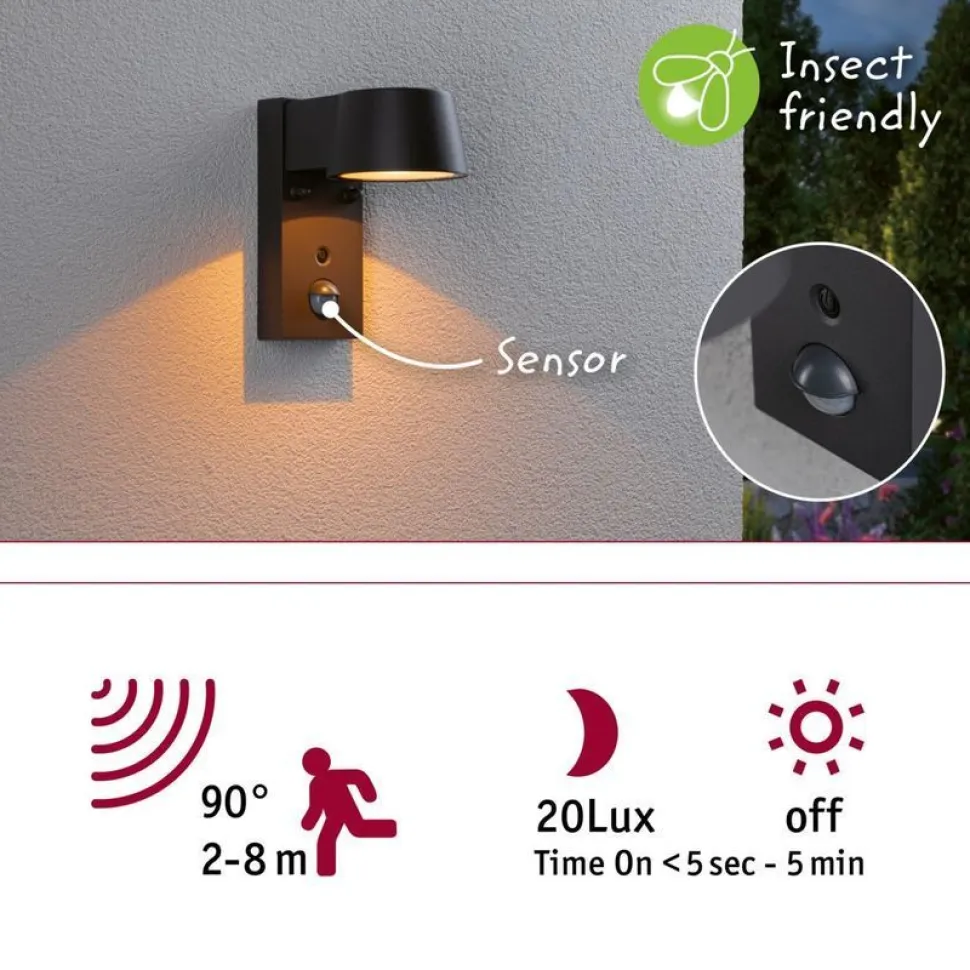 LED-ulkoseinävalaisin liiketunnistimella Paulmann Capea, IP44, säädettävä värilämpötila, antrasiitti