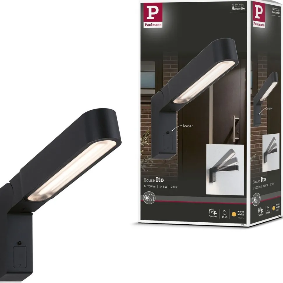 LED-ulkoseinävalaisin liiketunnistimella Paulmann Ito Vertical, IP44, 3000K, antrasiitti
