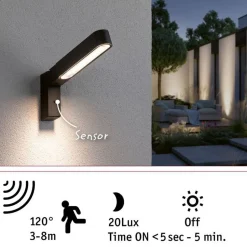 LED-ulkoseinävalaisin liiketunnistimella Paulmann Ito Vertical, IP44, 3000K, antrasiitti