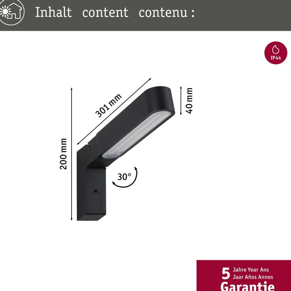LED-ulkoseinävalaisin liiketunnistimella Paulmann Ito Vertical, IP44, 3000K, antrasiitti