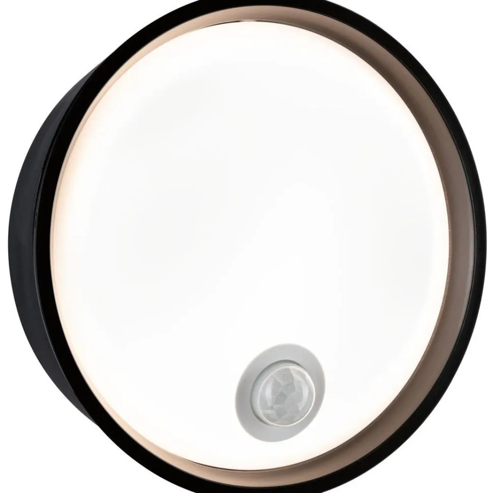 LED-ulkoseinävalaisin liiketunnistimella Paulmann Platomo, IP44, 18cm, 3000K, korroosionkestävä, musta