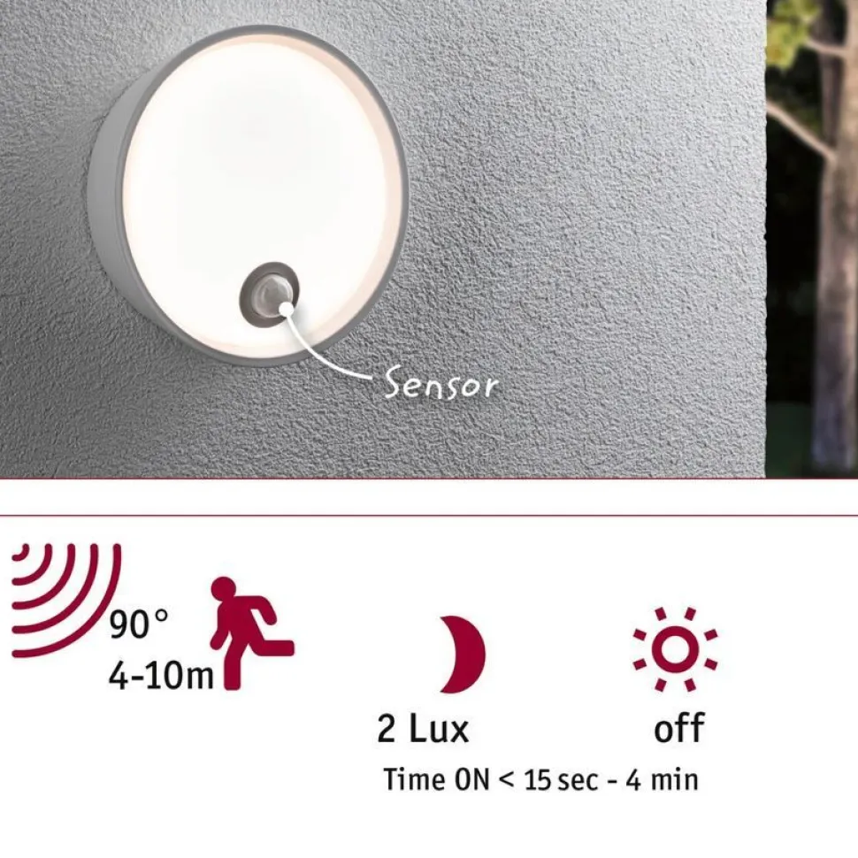LED-ulkoseinävalaisin liiketunnistimella Paulmann Platomo, IP44, 18cm, 3000K, korroosionkestävä, musta