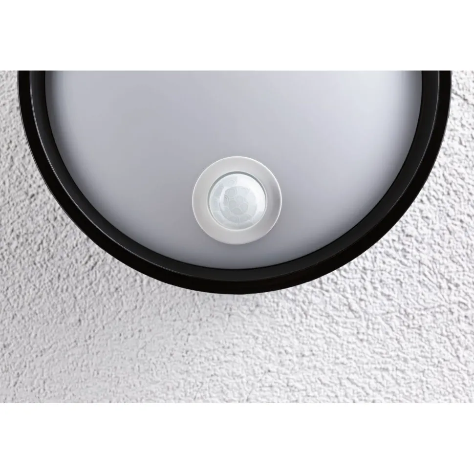 LED-ulkoseinävalaisin liiketunnistimella Paulmann Platomo, IP44, 18cm, 3000K, korroosionkestävä, musta