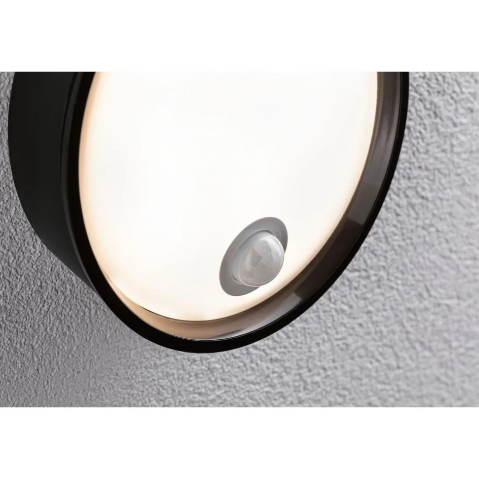 LED-ulkoseinävalaisin liiketunnistimella Paulmann Platomo, IP44, 18cm, 3000K, korroosionkestävä, musta