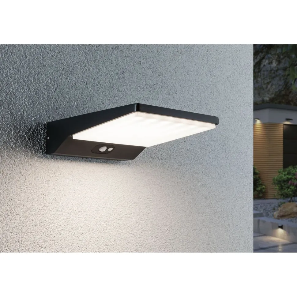 LED-ulkoseinävalaisin liiketunnistimella Paulmann Ronea, IP44, 18x25cm, 10.5W, 3000K, tummanharmaa