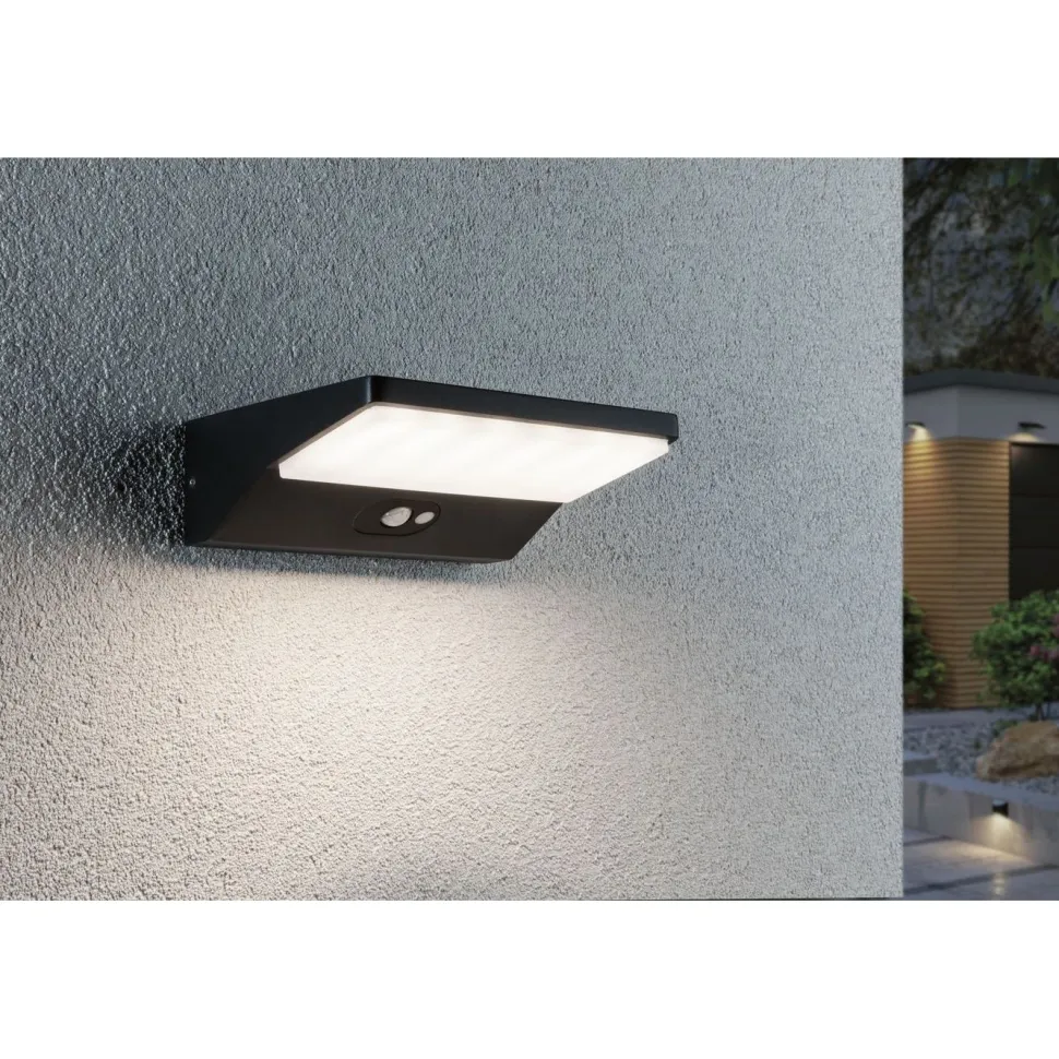 LED-ulkoseinävalaisin liiketunnistimella Paulmann Ronea, IP44, 18x25cm, 7.4W, 3000K, tummanharmaa