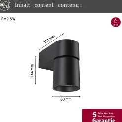 LED-ulkoseinävalaisin Paulmann Kimu, IP44, 80mm, 3000K, antrasiitti