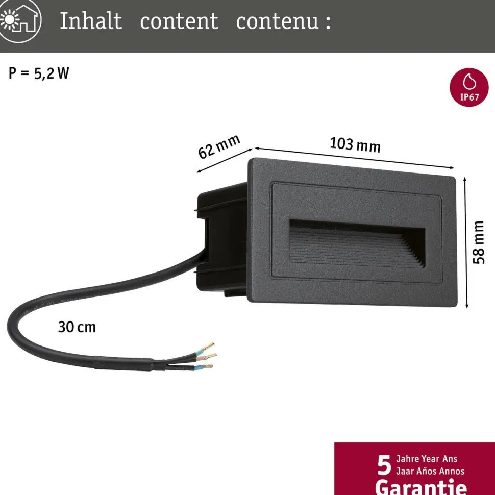 LED-ulkoseinävalaisin Paulmann Long, IP44, 103x58mm, 3000K, 4W, 30lm, musta