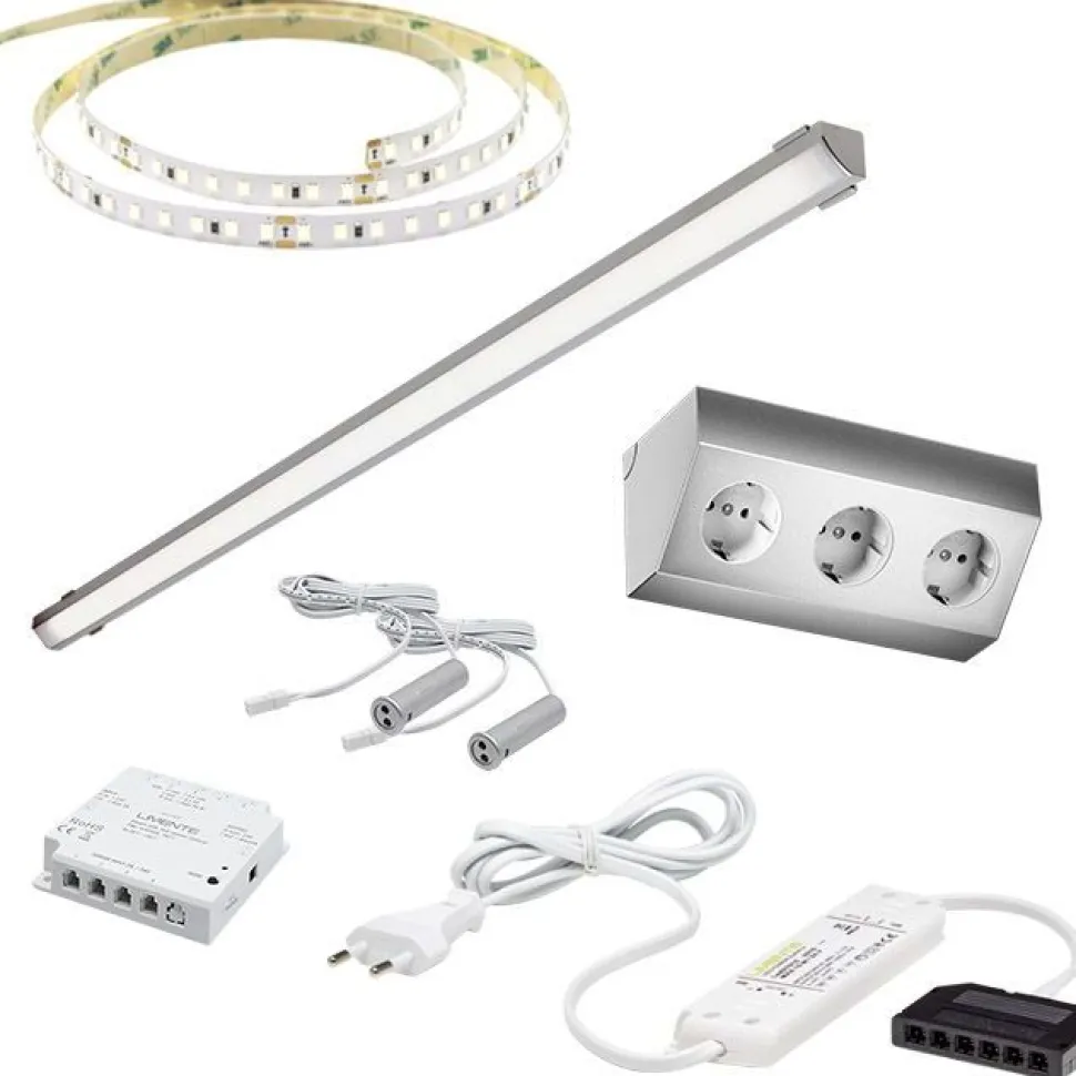 LED-valaisinsetti aamiaiskaappiin Limente ovitunnistin virtalähde pistorasia 2m 3000K IP20 24V alumiini