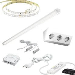 LED-valaisinsetti aamiaiskaappiin Limente ovitunnistin virtalähde pistorasia 2m 3000K IP20 24V alumiini