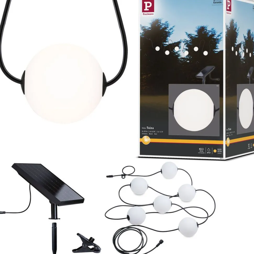 LED-valoketjusetti Paulmann Solar Taina, IP67, 3000K, 5.8m, 6x60lm, musta
