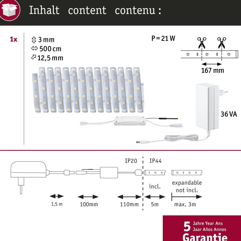 LED-valonauha Paulmann MaxLED 250, Smart Home Zigbee 3.0, aloituspakkaus, 5m, IP44, 18W, 250lm/m, 30LEDs/m, 36VA, säädettävä värilämpötila