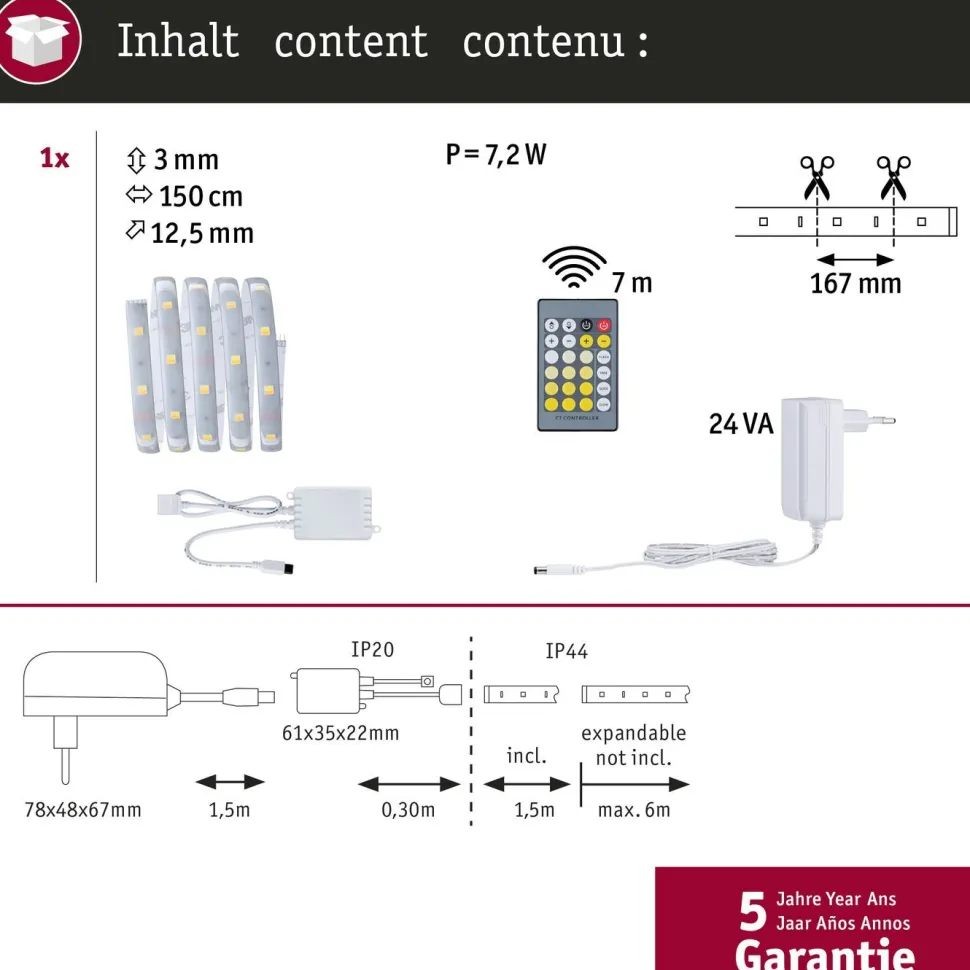 LED-valonauha Paulmann MaxLED 250, aloituspakkaus, 1.5m, IP44, 5.5W, 230lm/m, säädettävä värilämpötila, 24VA
