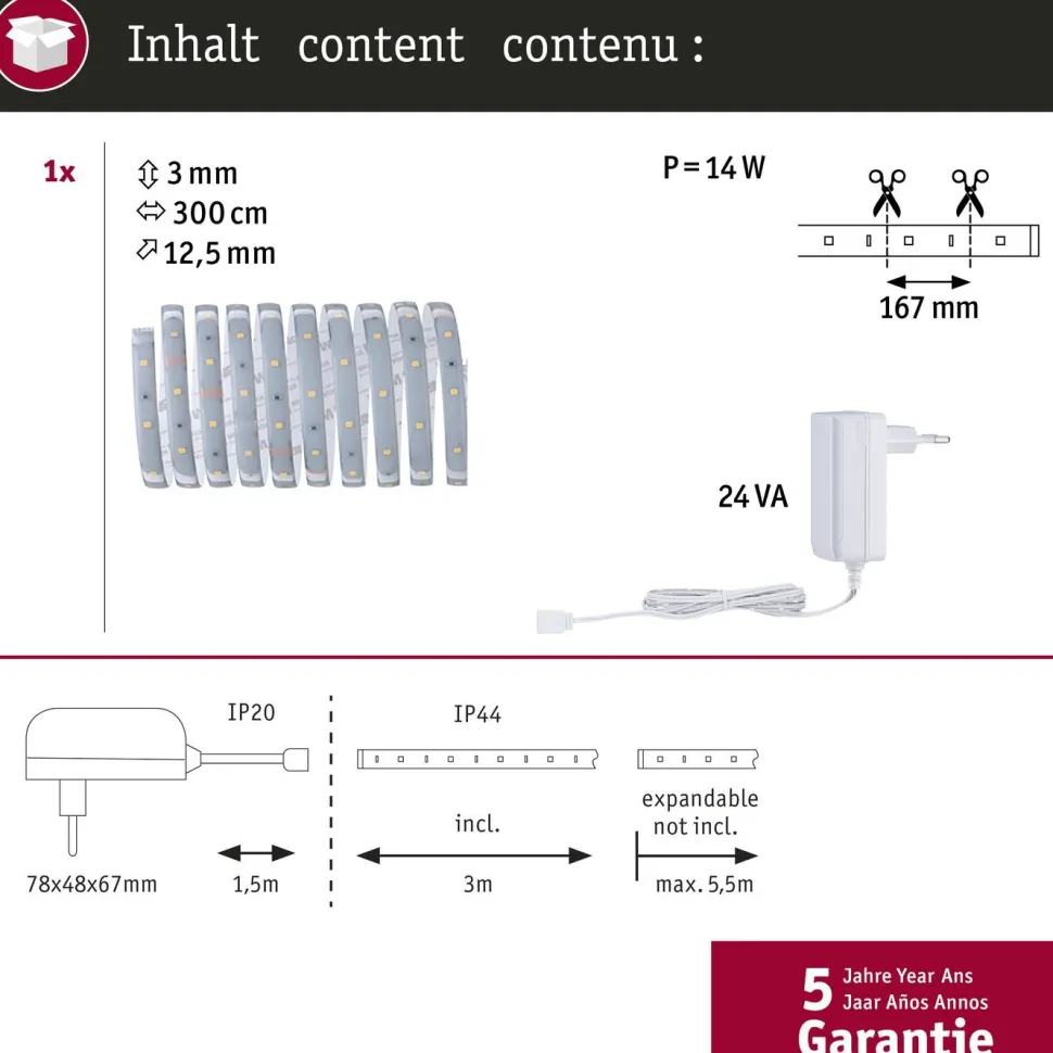 LED-valonauha Paulmann MaxLED 250, aloituspakkaus, 1.5m, IP44, 6W, 240lm/m, 2700K, 24VA