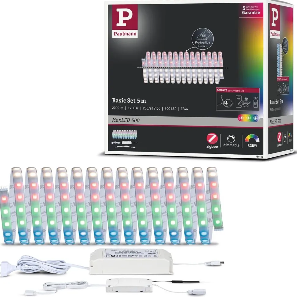 LED-valonauha Paulmann MaxLED 500, Smart Home Zigbee 3.0, aloituspakkaus, 5m, IP44, 33W, 350lm/m, 60LEDs/m, RGBW+, 80VA
