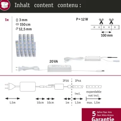LED-valonauha Paulmann MaxLED 500, Smart Home Zigbee 3.0, aloituspakkaus, 1.5m, IP44, 9W, 510lm/m, 60LEDs/m, 20VA, säädettävä värilämpötila