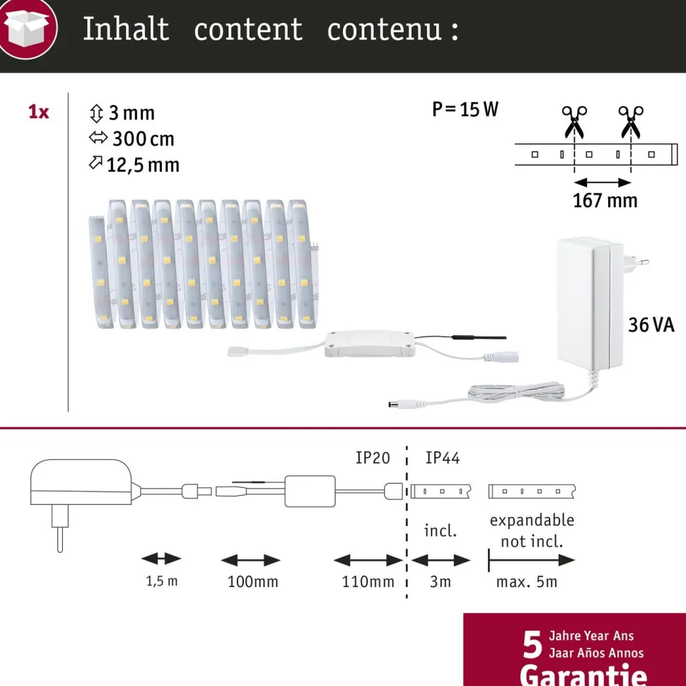 LED-valonauha Paulmann MaxLED 250, Smart Home Zigbee 3.0, aloituspakkaus, 3m, IP44, 12W, 250lm/m, 30LEDs/m, 36VA, säädettävä värilämpötila