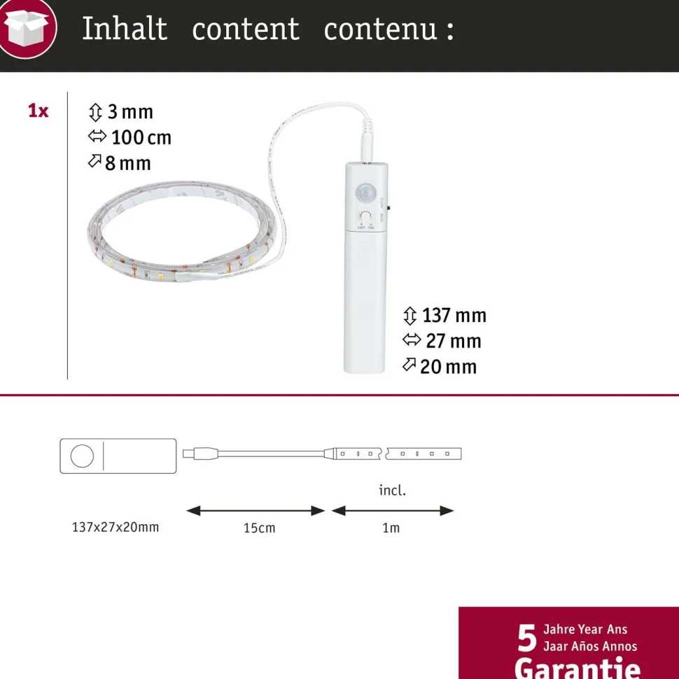 LED-valonauha Paulmann, paristokäyttöinen, 1m, 2W, 156lm/m, 3000K, liiketunnistin