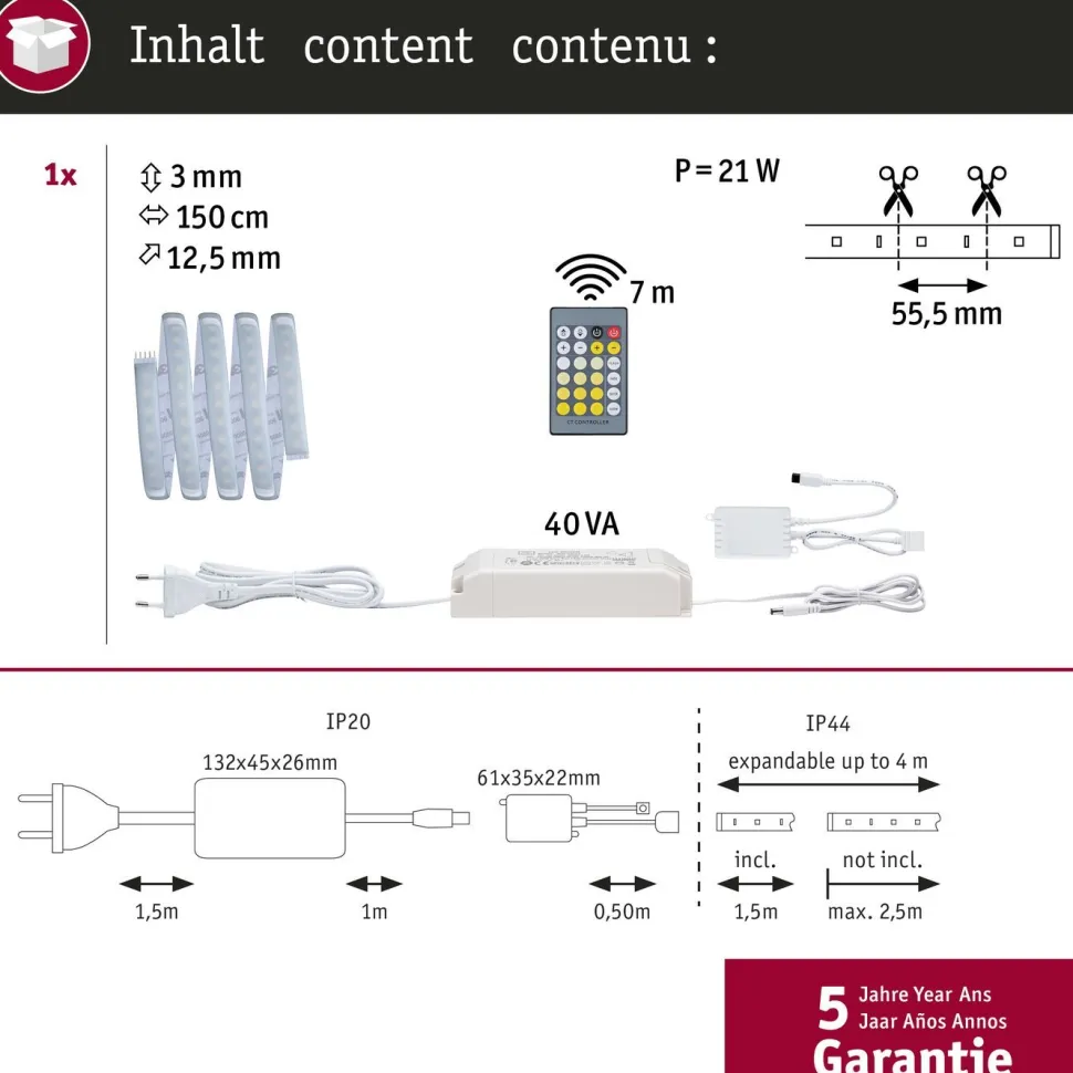 LED-valonauha Paulmann MaxLED 1000, aloituspakkaus, 1.5m, IP44, 17W, 1020lm/m, 108LED/m, 40VA, säädettävä värilämpötila