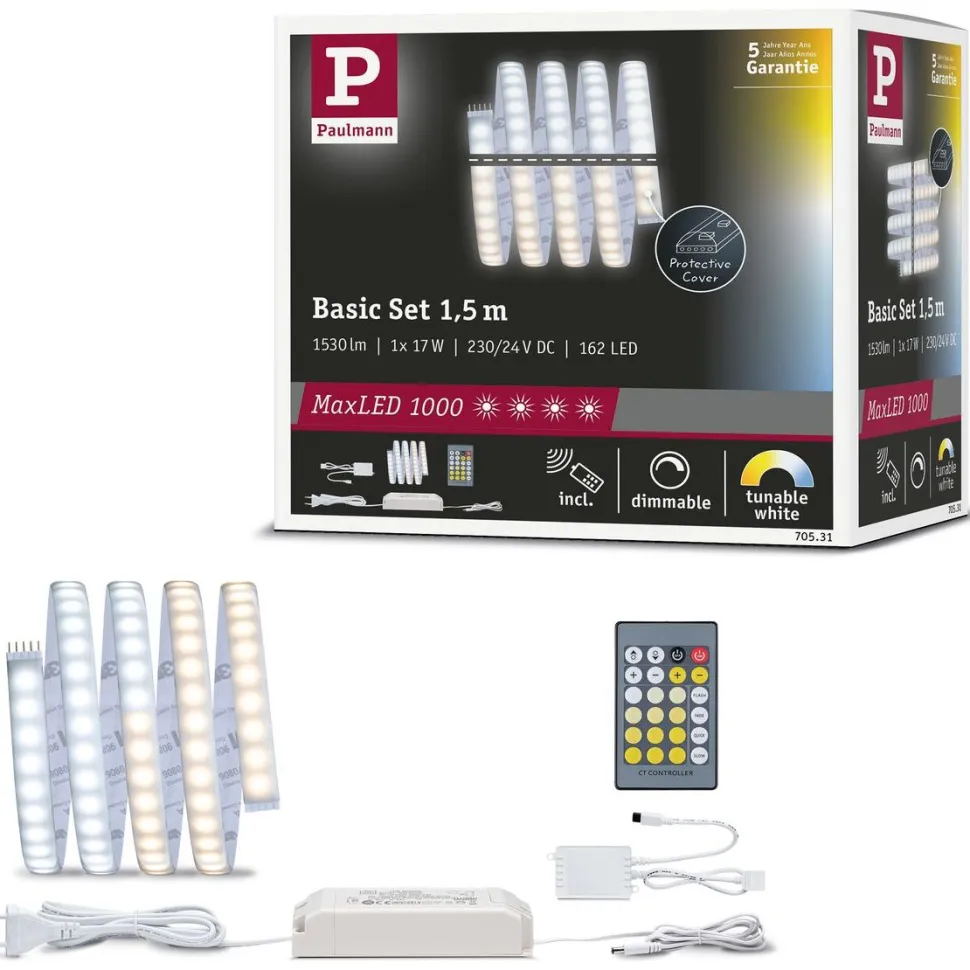 LED-valonauha Paulmann MaxLED 1000, aloituspakkaus, 1.5m, IP44, 17W, 1020lm/m, 108LED/m, 40VA, säädettävä värilämpötila