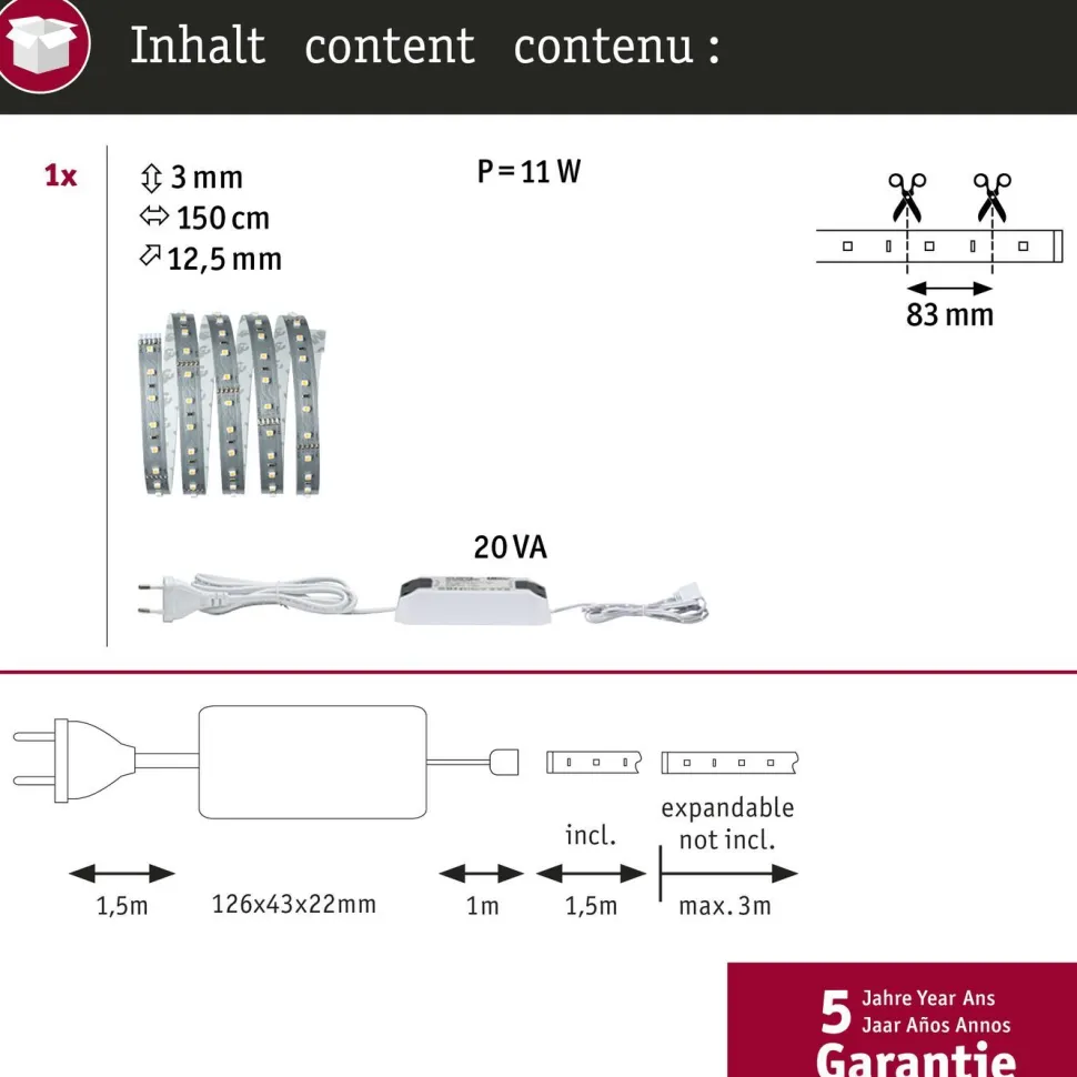 LED-valonauha Paulmann MaxLED 500, aloituspakkaus, 1.5m, 9W, 550lm/m, 2700K, 20VA