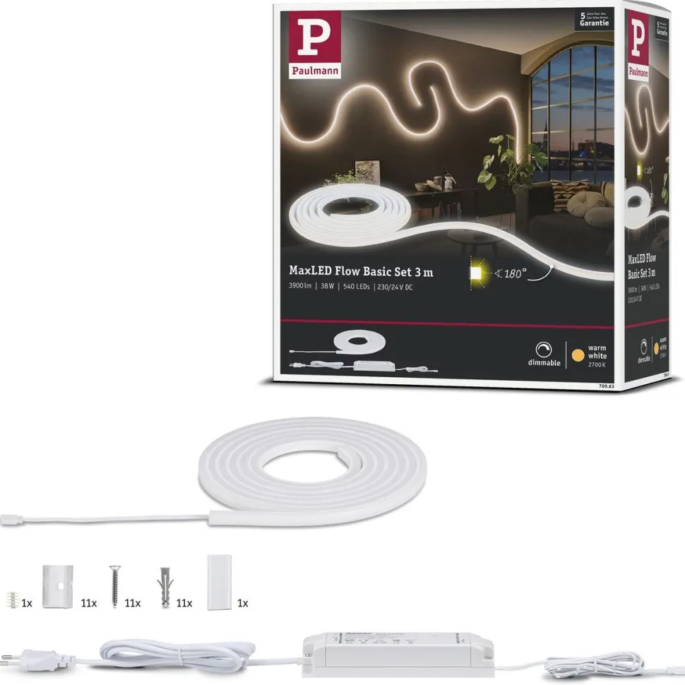 LED-valonauha Paulmann MaxLED Flow, aloituspakkaus, 3m, 38W, 750lm/m, 2700K, 50VA