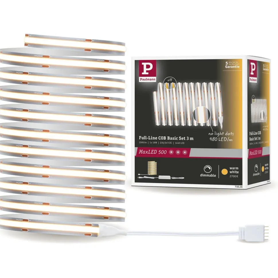 LED-valonauha Paulmann MaxLED Full-Line COB 500, aloituspakkaus, 3m, 19W, 500lm/m, 480LEDs/m, 2700K, 36VA