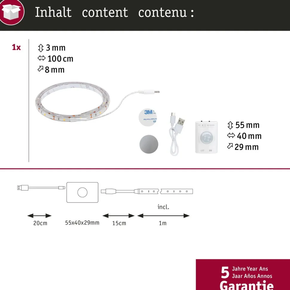 LED-valonauha Paulmann, paristokäyttöinen, 1m, 1.4W, 140lm/m, 3000K, liiketunnistin