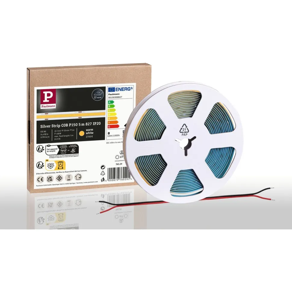 LED-valonauha Paulmann ProStrip Silver, P150, COB 827, 5m, 68W, 1270lm/m, 528LEDs/m, 2700K