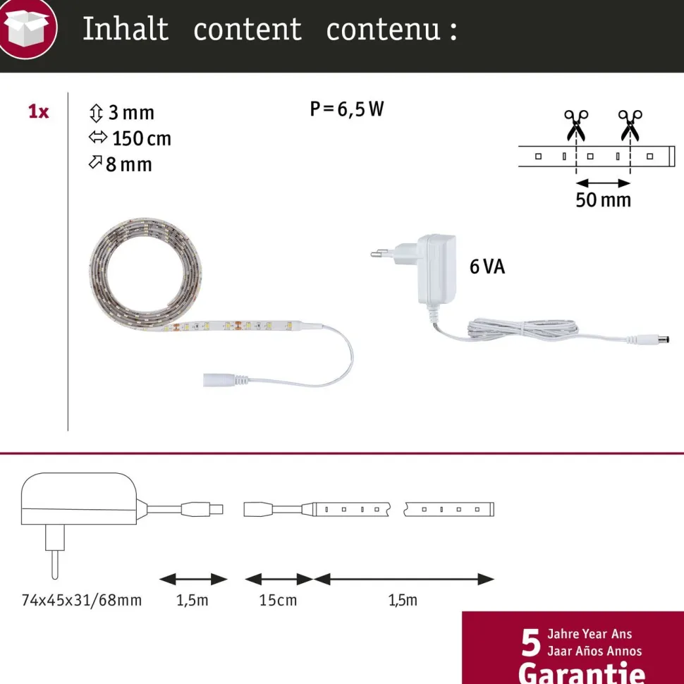 LED-valonauha Paulmann SimpLED, 1.5m, 5W, 192lm/m, 3000K, 6VA